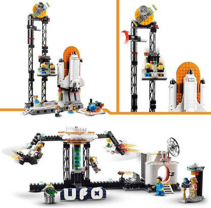 LEGO 31142 Creator 3en1 Montaña Rusa Espacial, Torre de Caída Libre o Tiovivo, Maqueta de Parque de Atracciones, Juguete de Construcción con Cohete Espacial, Planetas y Ladrillos Luminosos