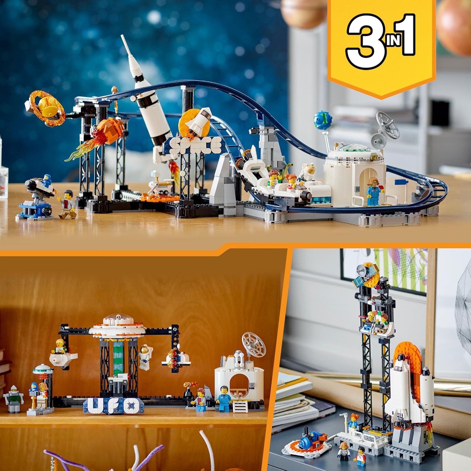 LEGO 31142 Creator 3en1 Montaña Rusa Espacial, Torre de Caída Libre o Tiovivo, Maqueta de Parque de Atracciones, Juguete de Construcción con Cohete Espacial, Planetas y Ladrillos Luminosos
