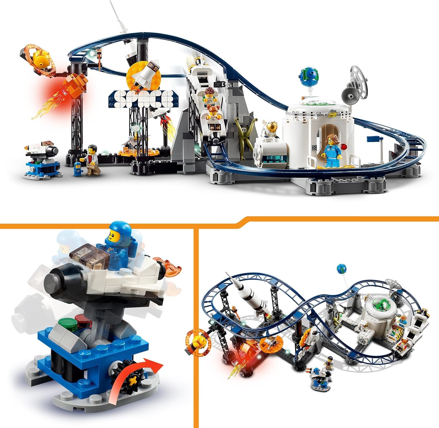 LEGO 31142 Creator 3en1 Montaña Rusa Espacial, Torre de Caída Libre o Tiovivo, Maqueta de Parque de Atracciones, Juguete de Construcción con Cohete Espacial, Planetas y Ladrillos Luminosos