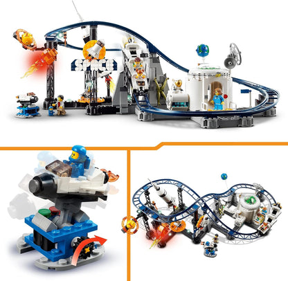 LEGO 31142 Creator 3en1 Montaña Rusa Espacial, Torre de Caída Libre o Tiovivo, Maqueta de Parque de Atracciones, Juguete de Construcción con Cohete Espacial, Planetas y Ladrillos Luminosos