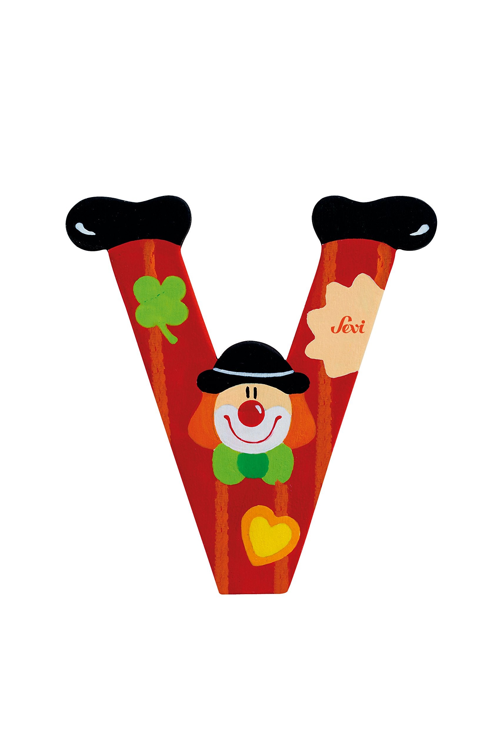 Sevi 81758 Wooden Letter V Clown Approx. 10 cm, Door Letters for Children's Room, ABC Wooden Educational Toy, for Children from 3 Years, Assorted Letters, Purple V - Clown