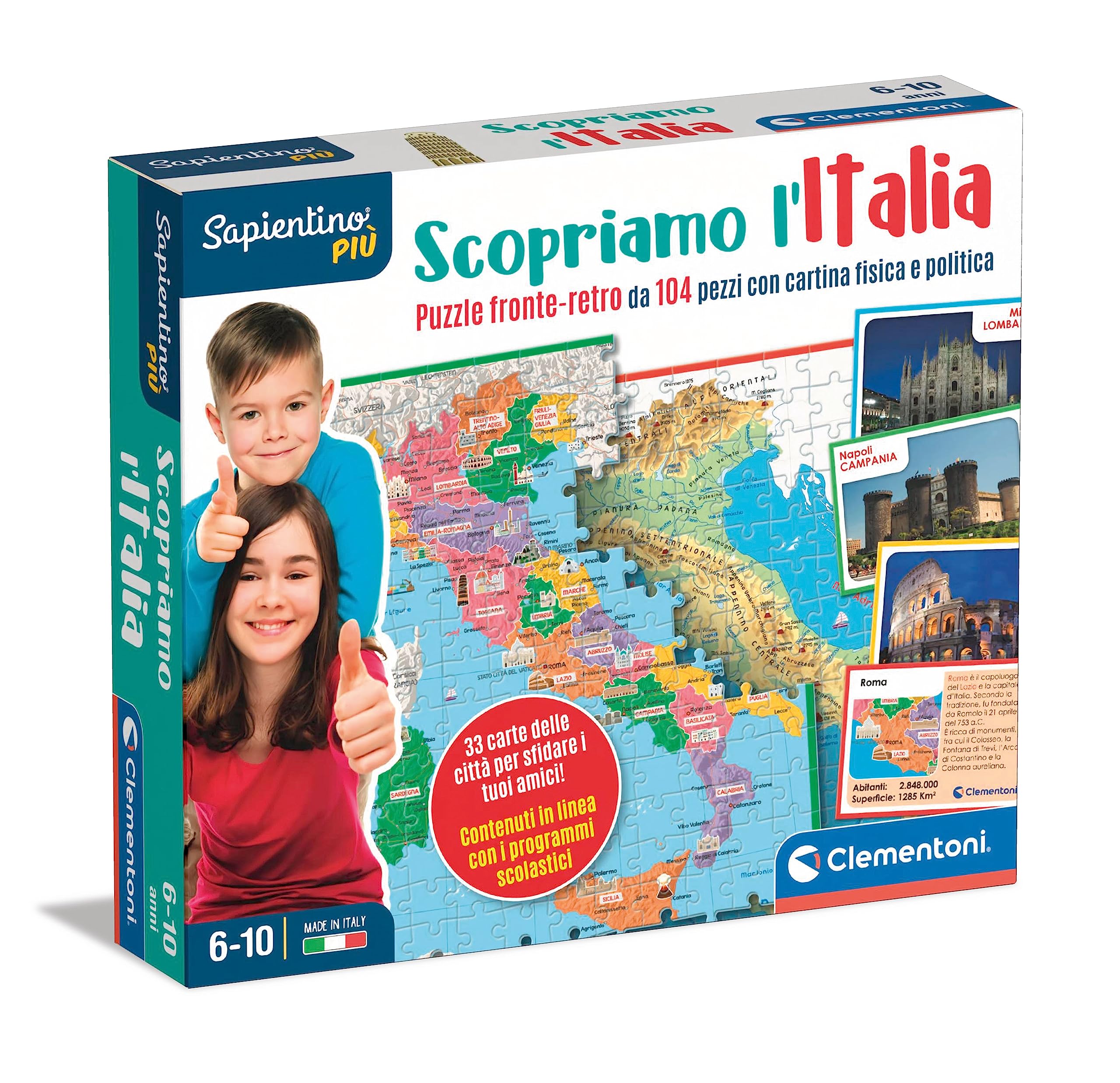 Clementoni 16594 Sapientino Più-Discover Smart-Puzzle Map Physics and Politics Educational 6 Years, Geography Game Children, Made in Italy, English
