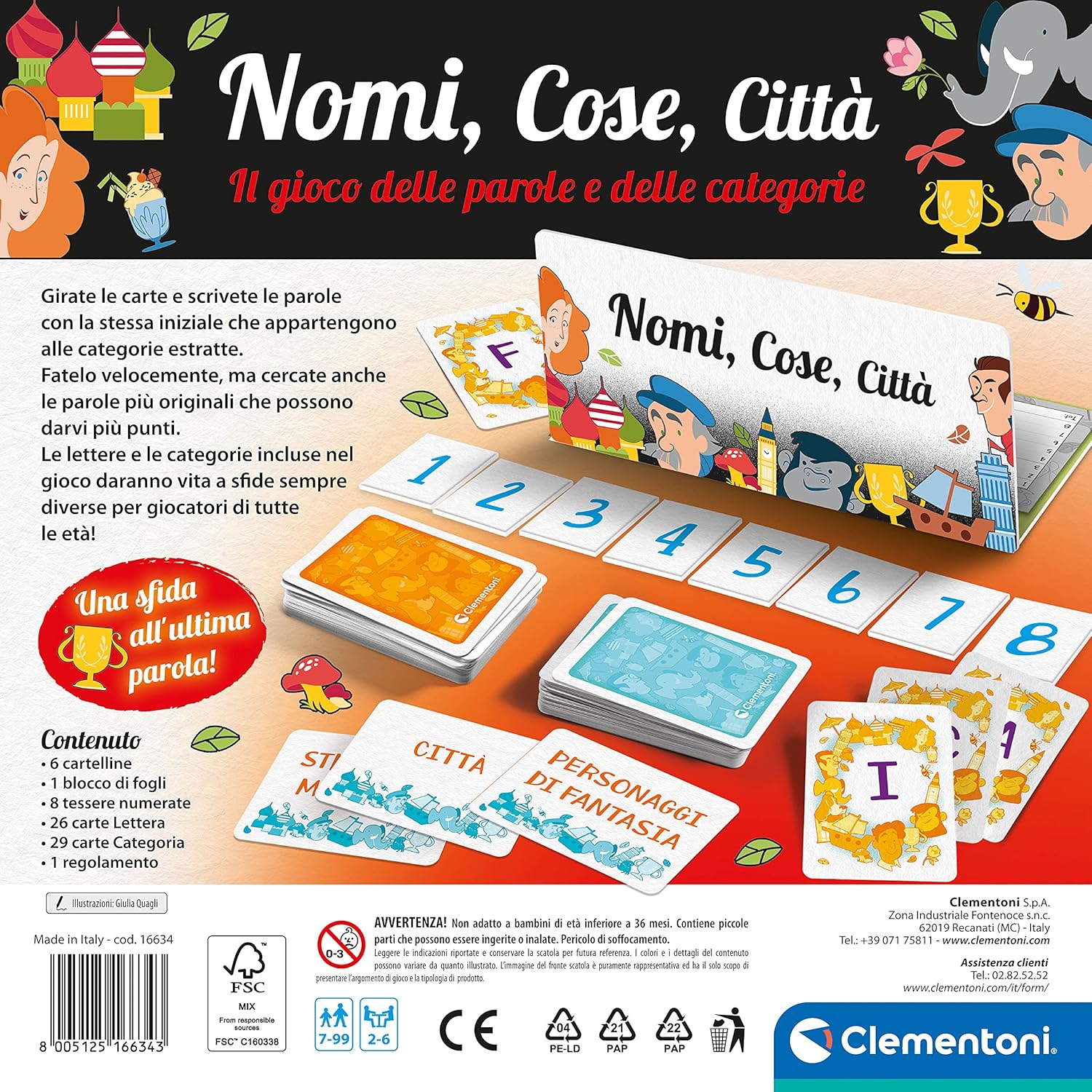 Clementoni - Nomi Cose e Città, Gioco da Tavolo con 29 Carte Categoria, per Bambini 7+ Anni e Tutta la Famiglia, 2-6 Giocatori, Idea Regalo Made in Italy, Lingua Italiana, 16634