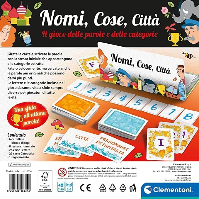 Clementoni - Nomi Cose e Città, Gioco da Tavolo con 29 Carte Categoria, per Bambini 7+ Anni e Tutta la Famiglia, 2-6 Giocatori, Idea Regalo Made in Italy, Lingua Italiana, 16634