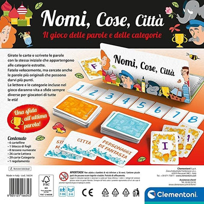 Clementoni - Nomi Cose e Città, Gioco da Tavolo con 29 Carte Categoria, per Bambini 7+ Anni e Tutta la Famiglia, 2-6 Giocatori, Idea Regalo Made in Italy, Lingua Italiana, 16634