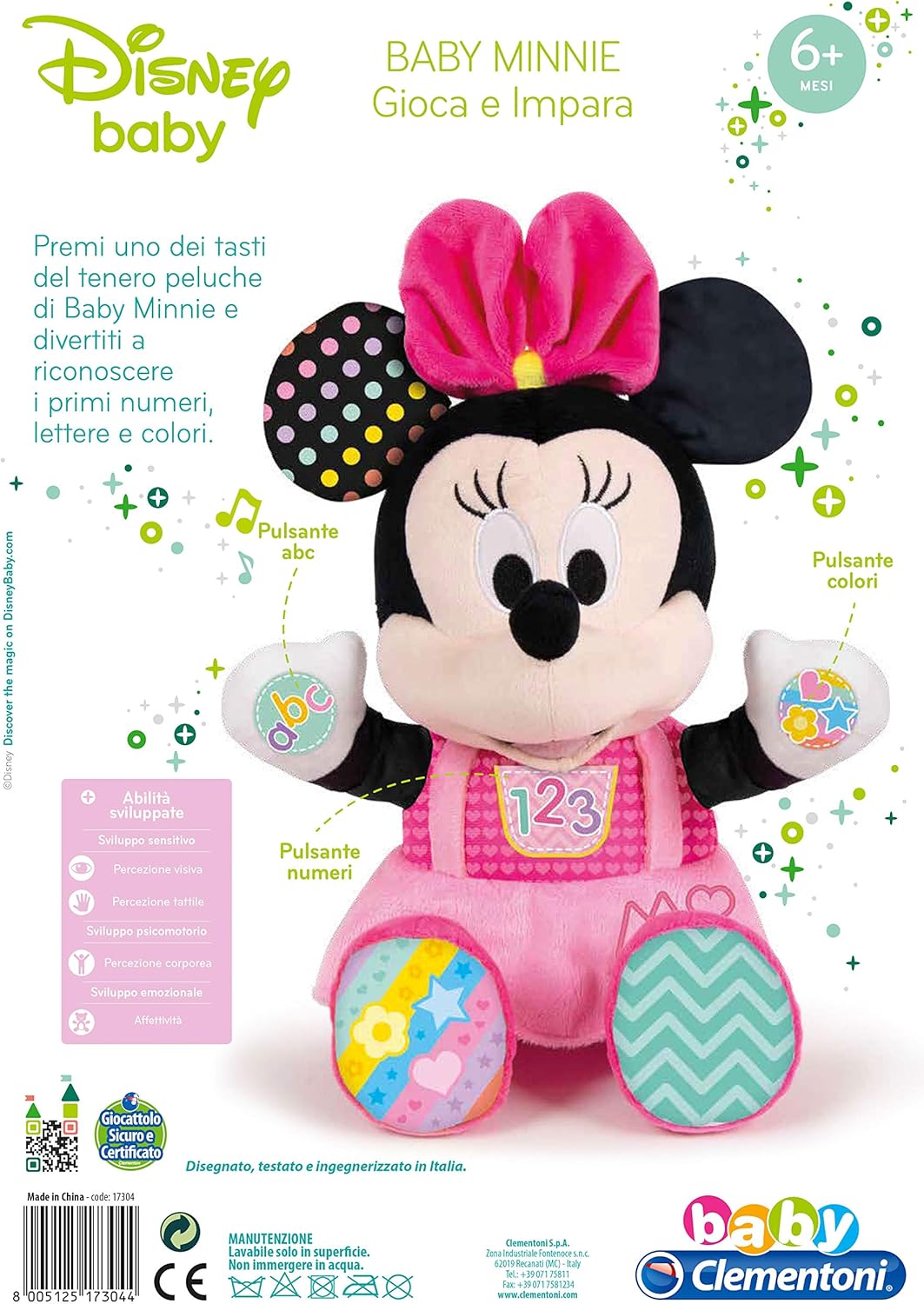 Clementoni Disney Baby Baby Minnie Play and Learn, Plush and Interactive Educational Game for Children 6+ Months, Sing Nursery Rhymes to Teach the Alphabet, Numbers and Colours, Italian Language