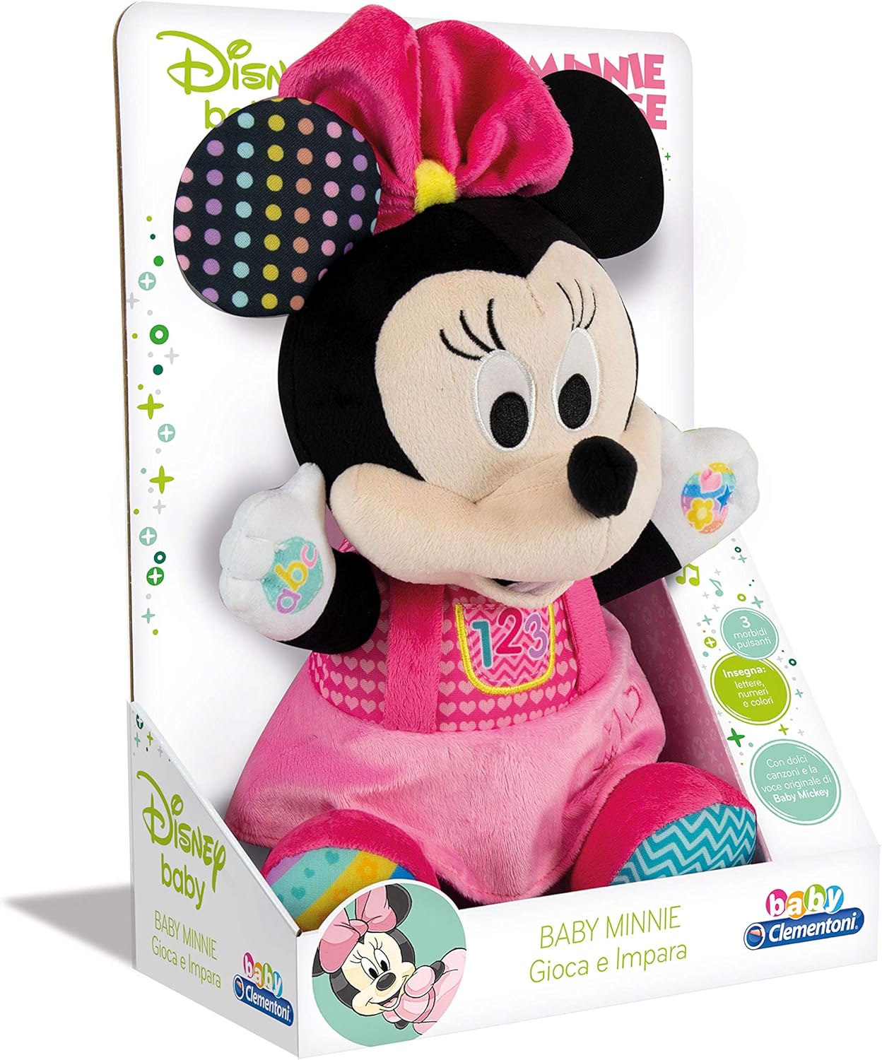 Clementoni Disney Baby Baby Minnie Play and Learn, Plush and Interactive Educational Game for Children 6+ Months, Sing Nursery Rhymes to Teach the Alphabet, Numbers and Colours, Italian Language