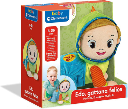 Clementoni - Edo Gattona e Canta, interaktives sprechendes Plüschtier, Lieder und Reime - Spiel für Kinder 6 Monate, Krabbeln und erste Schritte, Aktivitätszentrum für Krabbeln, Italienisch