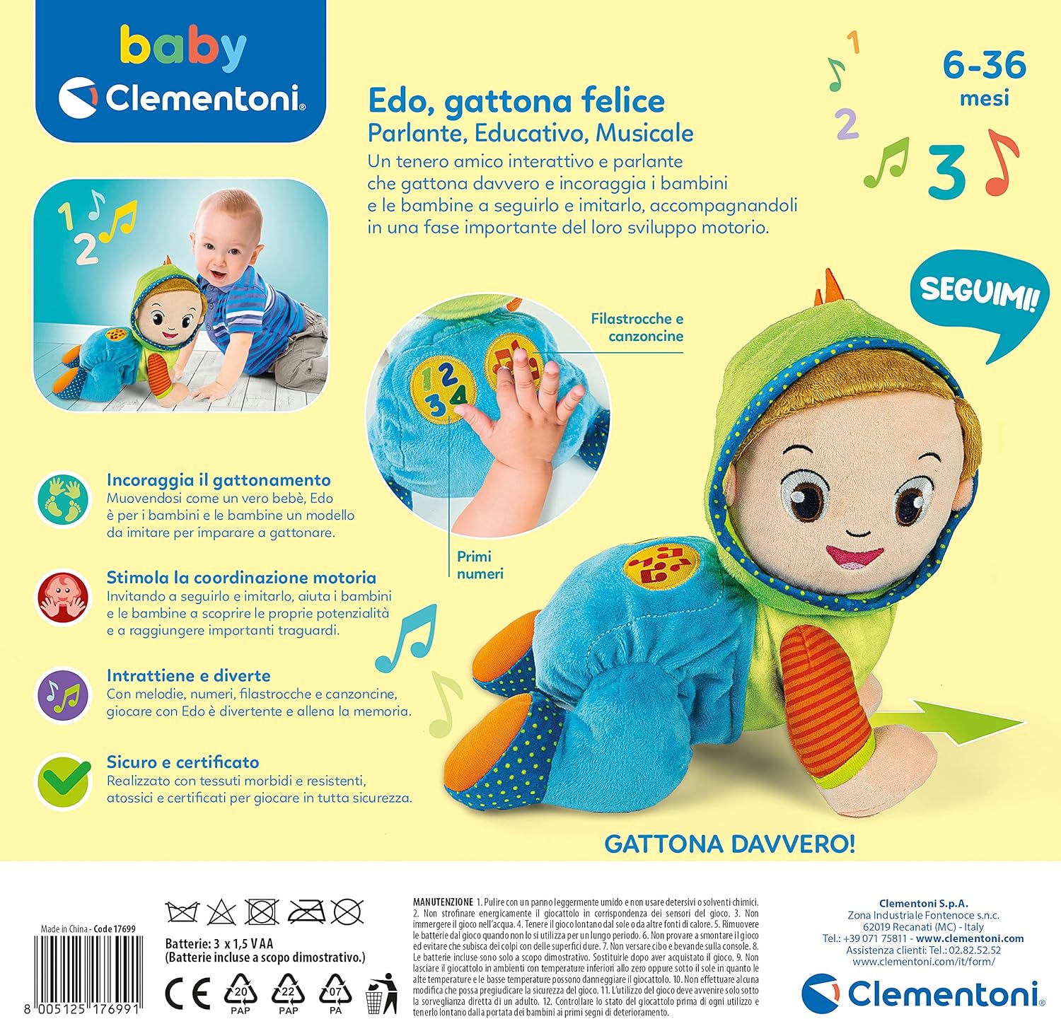 Clementoni - Edo Gattona e Canta, interaktives sprechendes Plüschtier, Lieder und Reime - Spiel für Kinder 6 Monate, Krabbeln und erste Schritte, Aktivitätszentrum für Krabbeln, Italienisch
