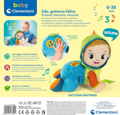 Clementoni - Edo Gattona e Canta, interaktives sprechendes Plüschtier, Lieder und Reime - Spiel für Kinder 6 Monate, Krabbeln und erste Schritte, Aktivitätszentrum für Krabbeln, Italienisch