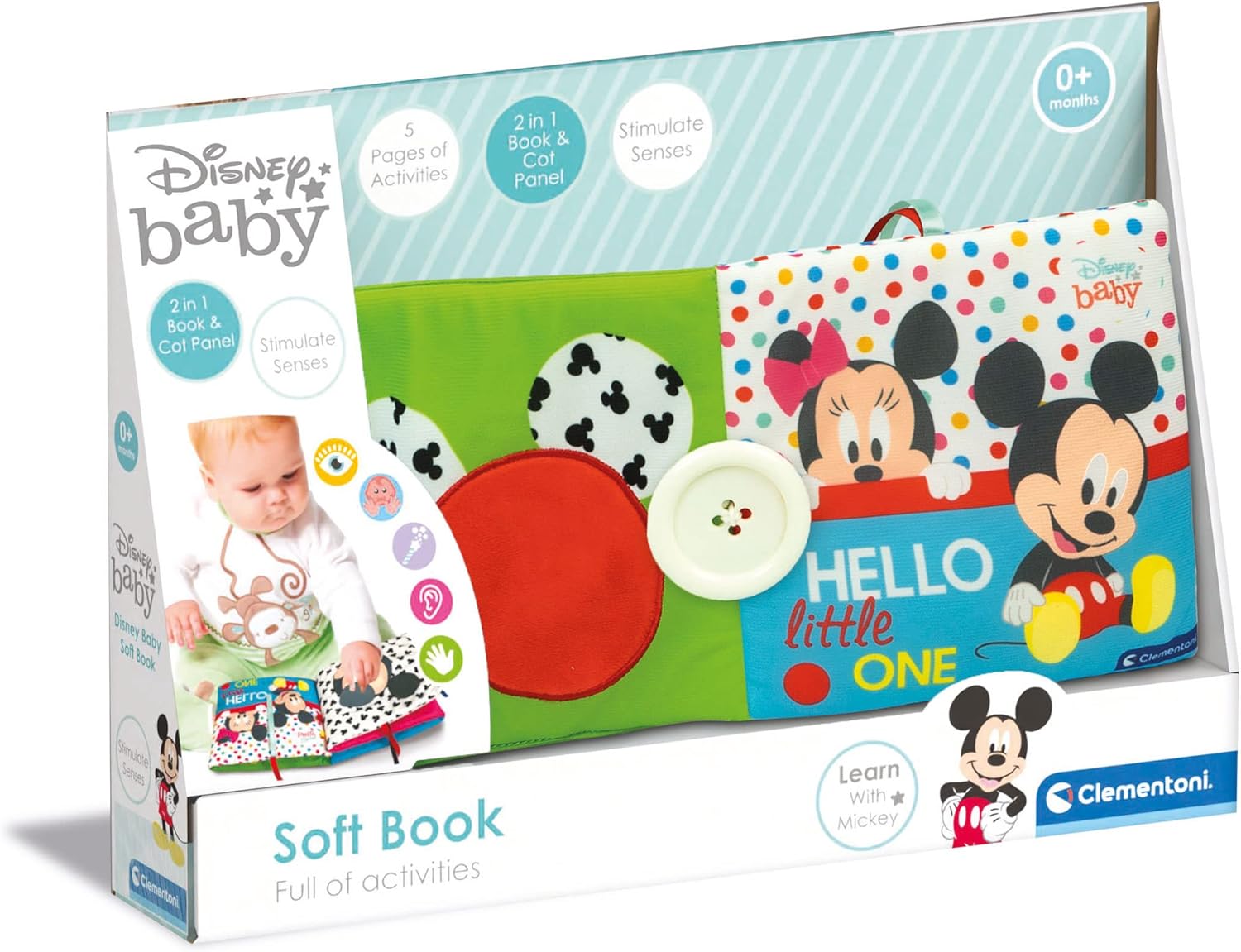 Clementoni 17721 Disney Baby-Book and Cot Panel, Toddler Plush, Early Years, Infant, New Born Soft Toys Gift, Multicolour, Medio