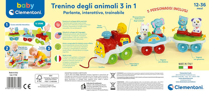 Clementoni 17740 Animal 3 in 1-Talking, Interactive and Towable, Electric Toy Train, 1 Year Child Play (Italian Version) -Made in Italy, multi-coloured