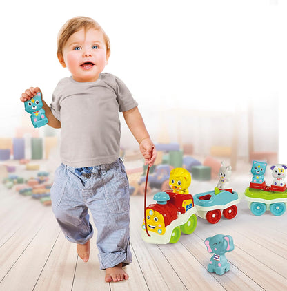 Clementoni 17740 Animal 3 in 1-Talking, Interactive and Towable, Electric Toy Train, 1 Year Child Play (Italian Version) -Made in Italy, multi-coloured