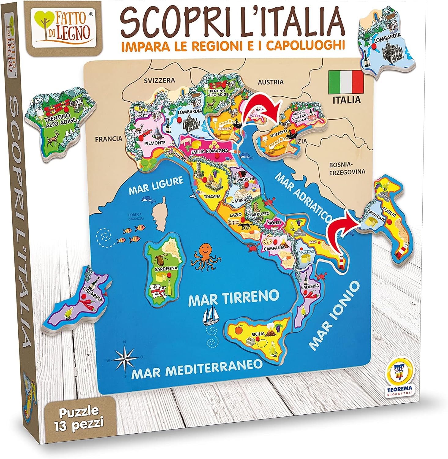 Teorema 40462 Wooden Puzzle d'Italia Multi-Coloured Italy