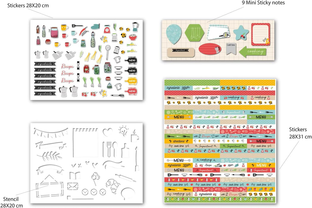 Decoration Kit for Bullet Journal and Planner Cooking Size 30x34 cm Stickers, Sticky Notes, Stencil.