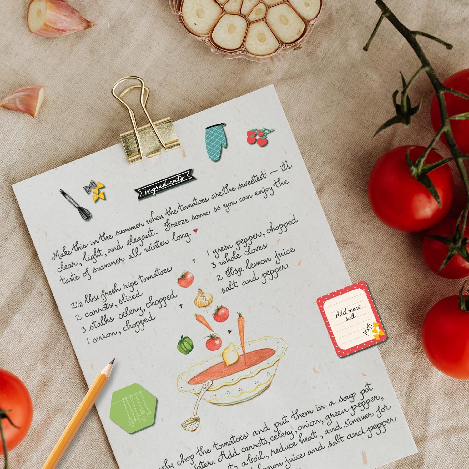 Decoration Kit for Bullet Journal and Planner Cooking Size 30x34 cm Stickers, Sticky Notes, Stencil.