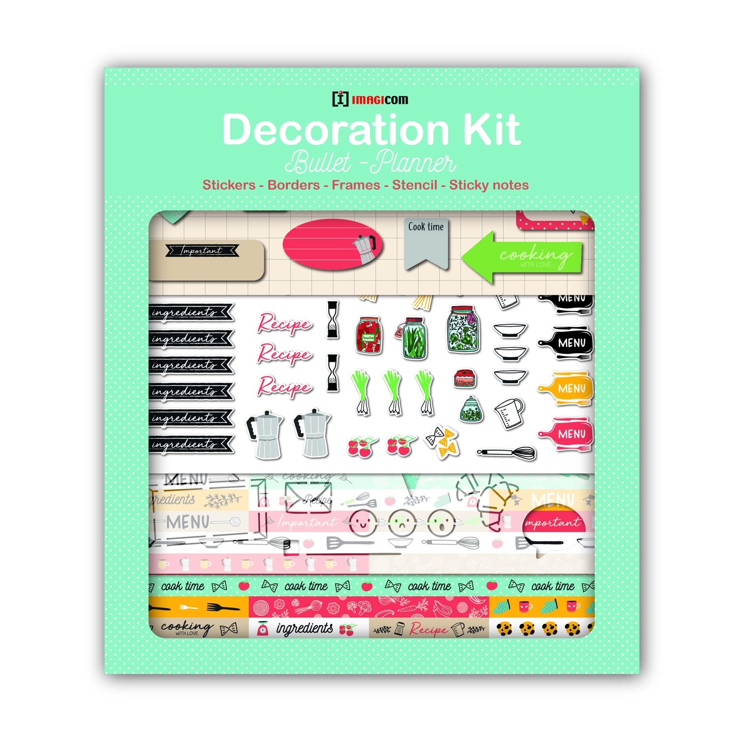 Decoration Kit for Bullet Journal and Planner Cooking Size 30x34 cm Stickers, Sticky Notes, Stencil.