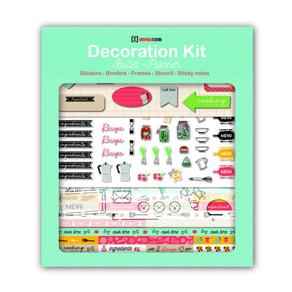 Decoration Kit for Bullet Journal and Planner Cooking Size 30x34 cm Stickers, Sticky Notes, Stencil.
