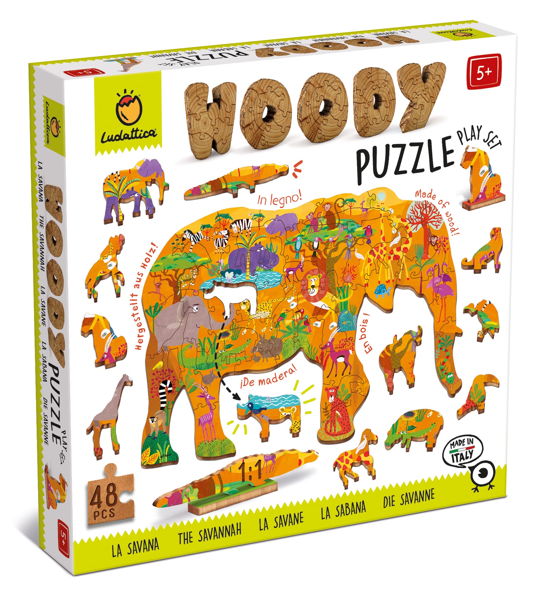 Ludattica- amaderado Madera Sabana Woody Puzzle 48pzas, Multicolor (XOT-LD21276