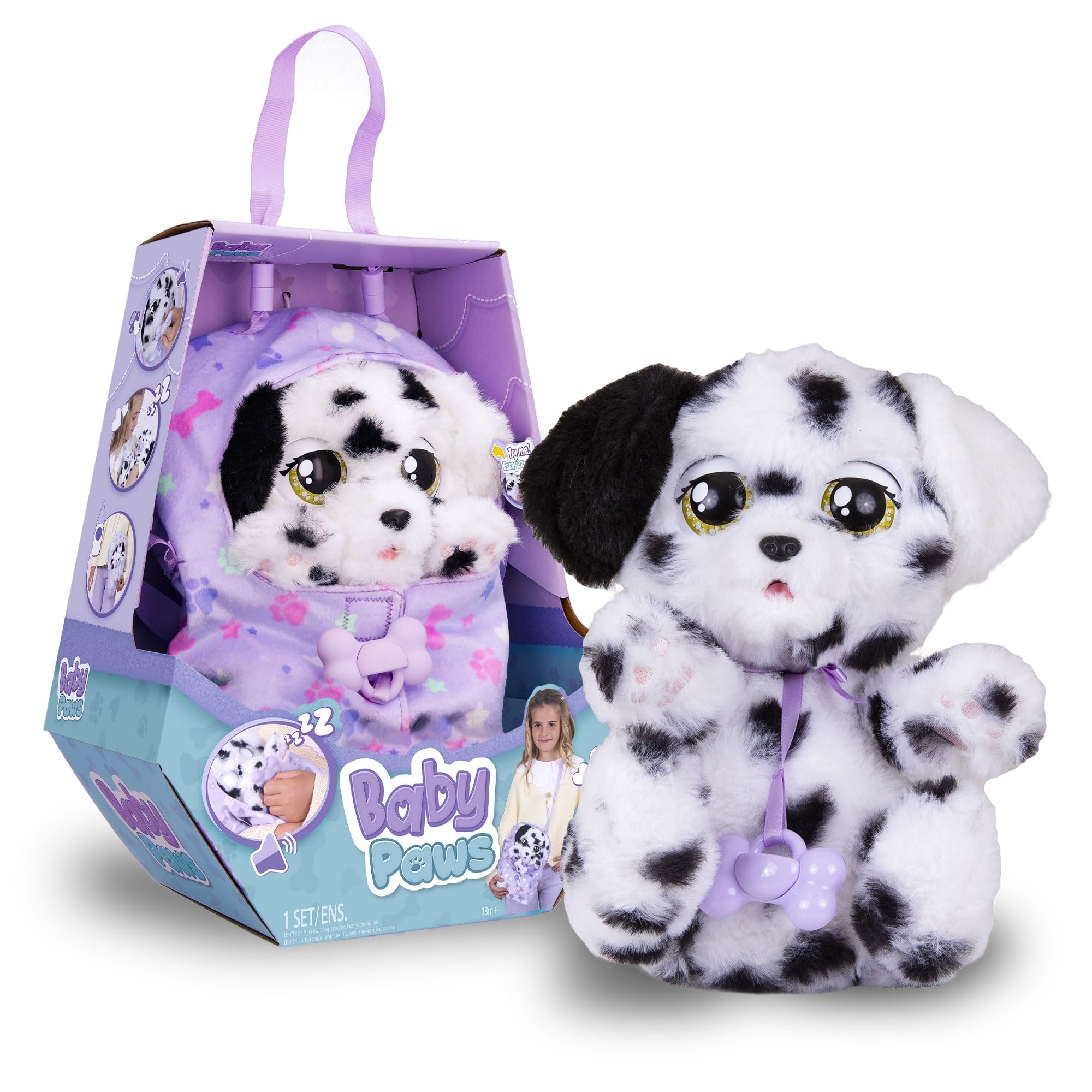 BABY PAWS Sleeping Puppies - Dalmatian An Interactive Plush, Which Makes Sounds, Opens and Closes Its Eyes, and Has A Bag To Take The Puppy Around with You - Gift for Girls and Boys +18 Months