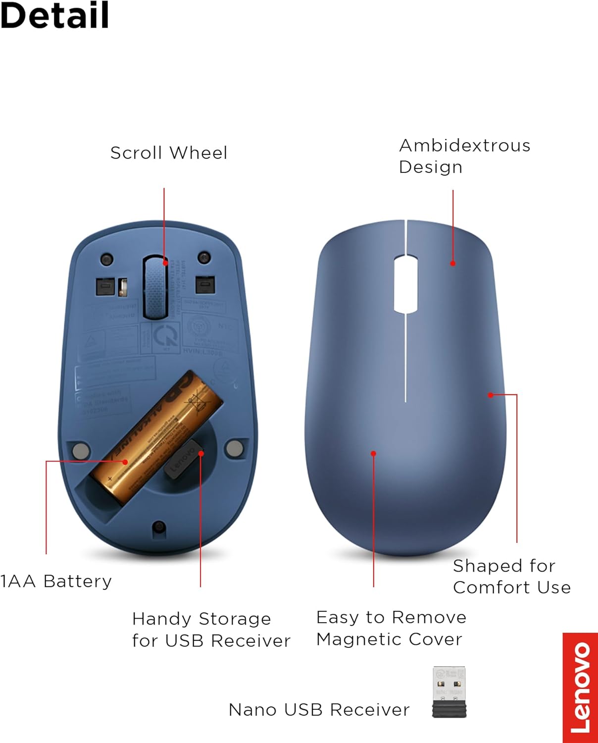 Lenovo 530 Wireless Mouse, Ambidextrous Design, Nano USB Connection, Compatible with Windows Laptops and PCs –
