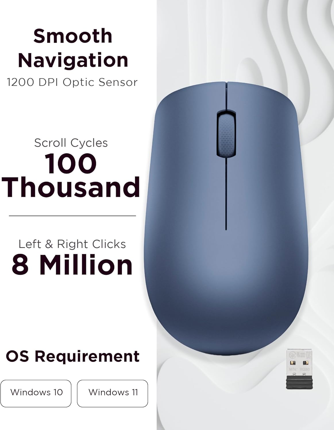 Lenovo 530 Wireless Mouse, Ambidextrous Design, Nano USB Connection, Compatible with Windows Laptops and PCs –