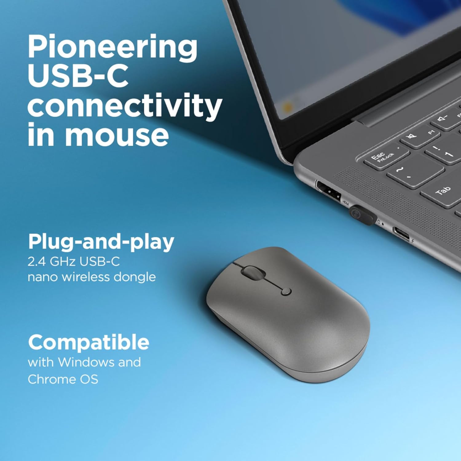 Lenovo 540 Wireless Computer Mouse for PC, Laptop, Computer with Windows or Chrome OS - 2.4 GHz USB-C Wireless Pairing Receiver - Compact Size - 18-Months Battery Life - Ambidextrous