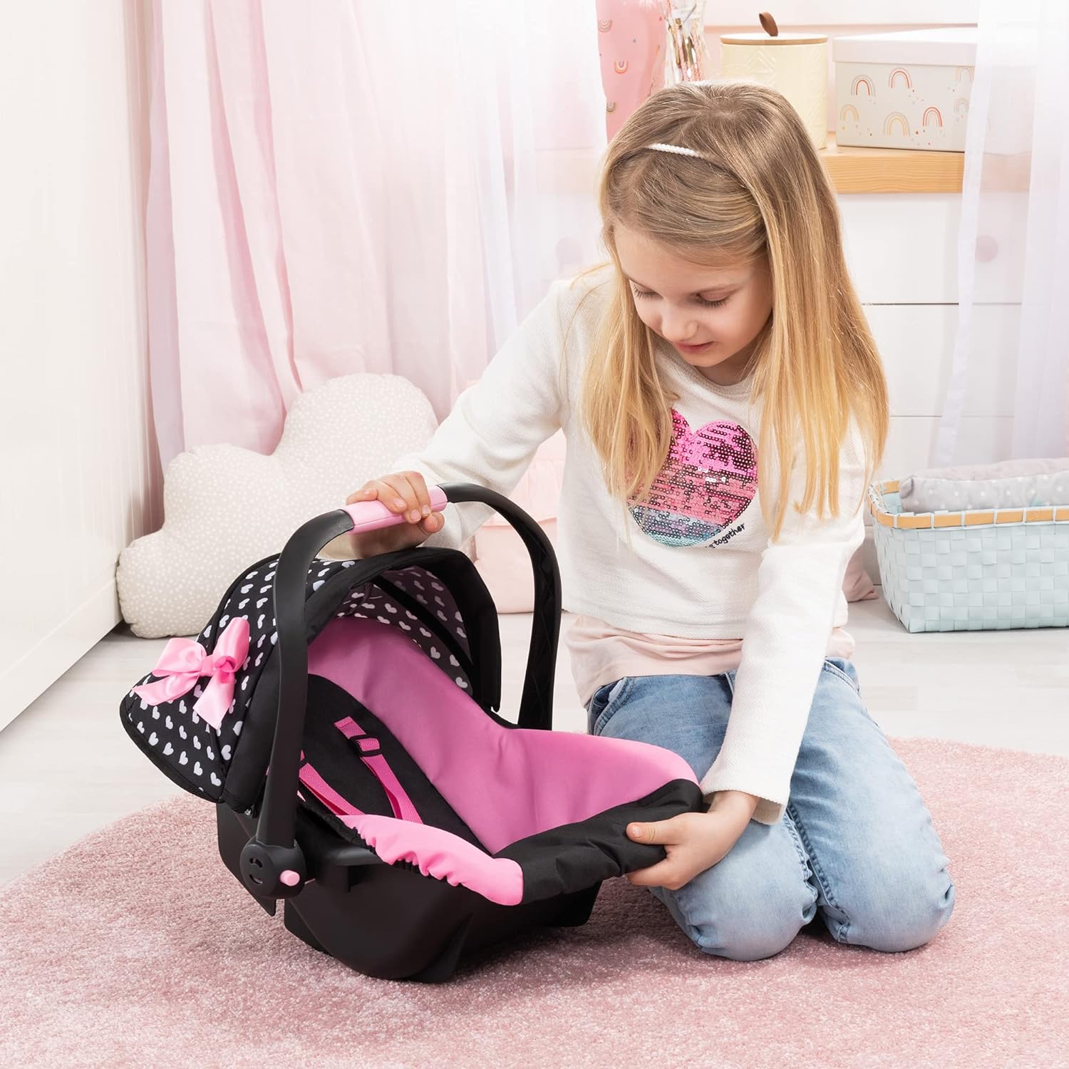 Bayer Design 67960AA Car Seat EasyGo, Sun Canopy, Attachable to Neo Vario Dolls pram, Black, Pink, White