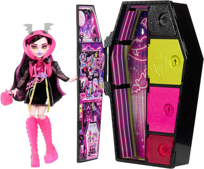 Monster High Doll and Fashion Set, Draculaura Doll, Skulltimate Secrets: Neon Frights, Dress-Up Locker with 19+ Surprises, HNF78