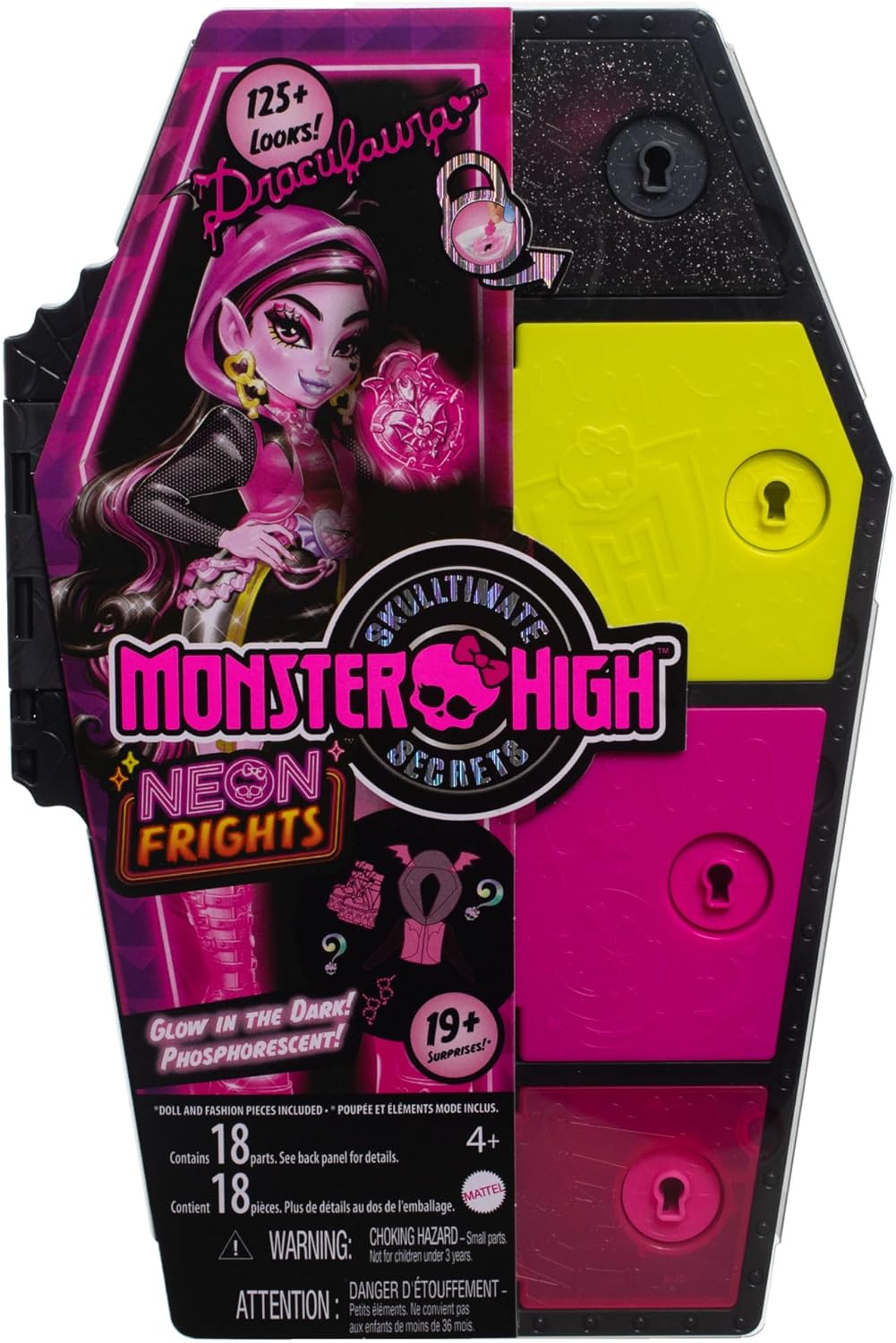 Monster High Doll and Fashion Set, Draculaura Doll, Skulltimate Secrets: Neon Frights, Dress-Up Locker with 19+ Surprises, HNF78