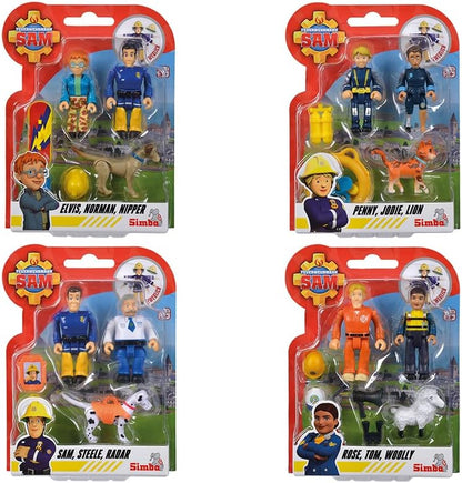 Simba 109252515 Fireman Sam Figure Set, Double Pack with Animal, Figure 7.5 cm, Movable, with Accessories, 4 Assorted Designs, Only One Item Will Be Delivered, from 3 Years