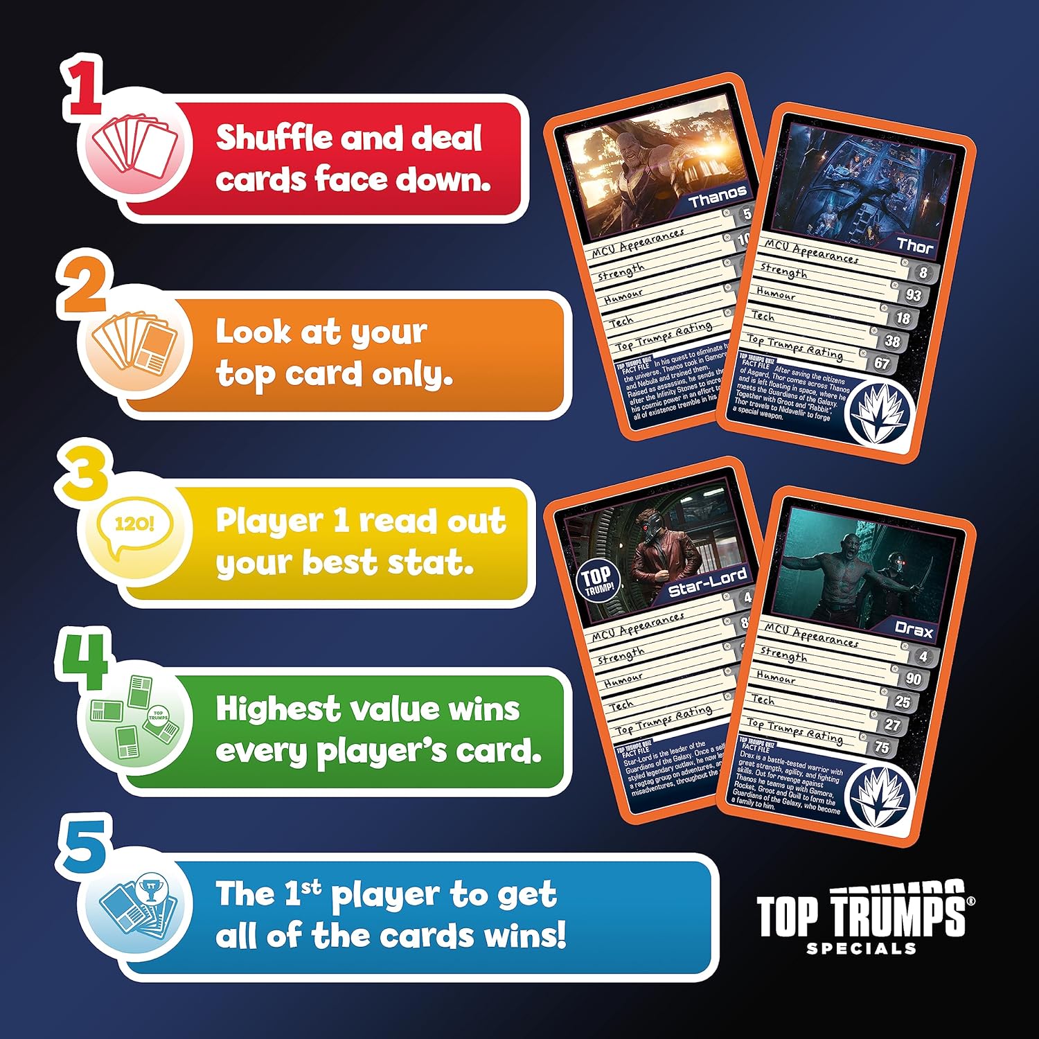 Top Trumps Specials Guardians of the Galaxy Card Game, play with Rocket Raccoon, Baby Groot, Gamora, Drax, Star Lord, Nebula and Thor, educational gift for ages 8 plus