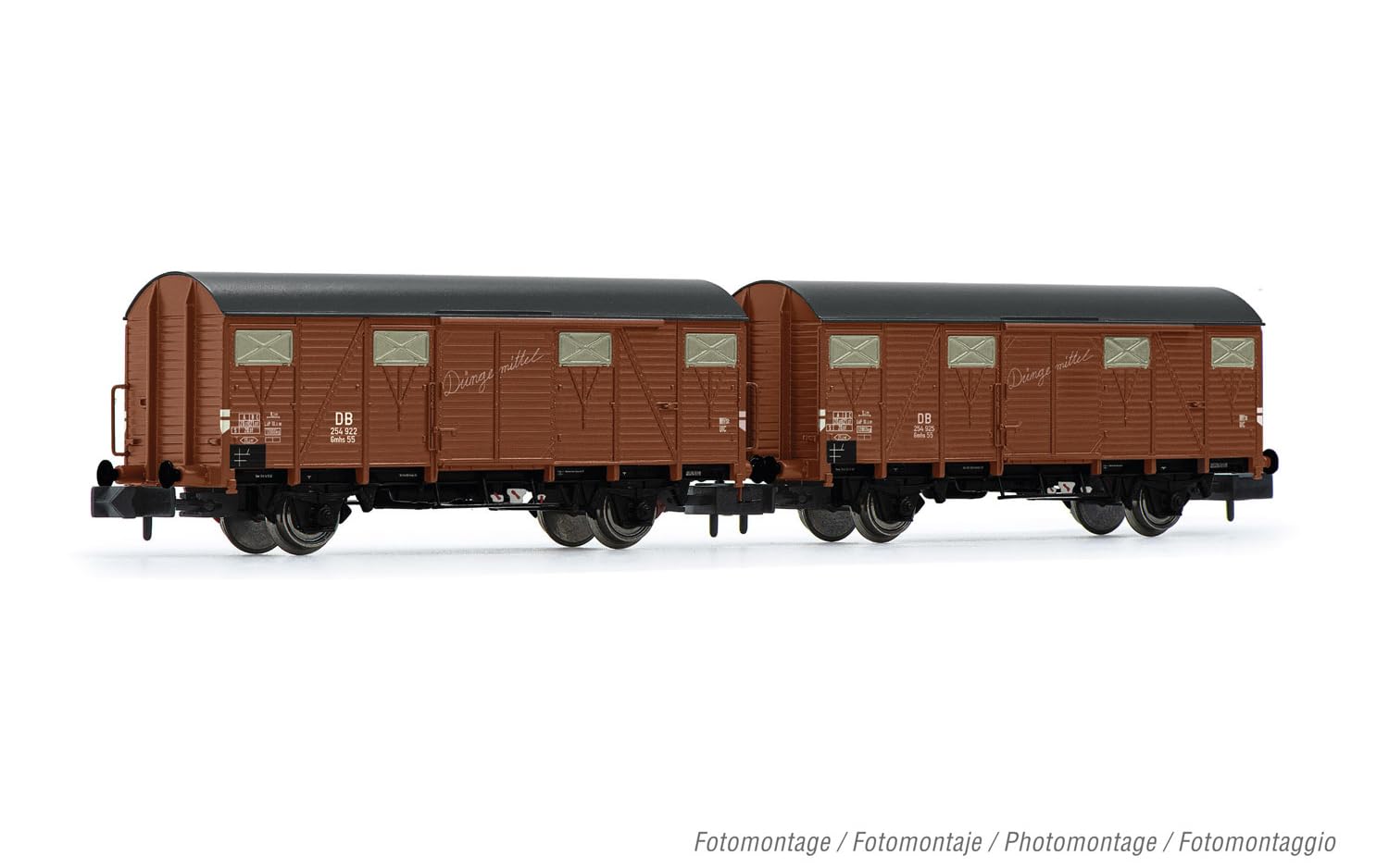 Arnold HN6568 DB, 2er Pack 2-Achs Planwagen Gmhs 55, braun lackiert Düngemittel, ep. III N Spur