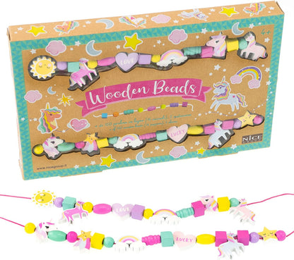 Nice Group Wooden Beads, Wooden Beads, Unicorns Set with 16 Animals Charms for Children, Bracelet and Necklace Kit