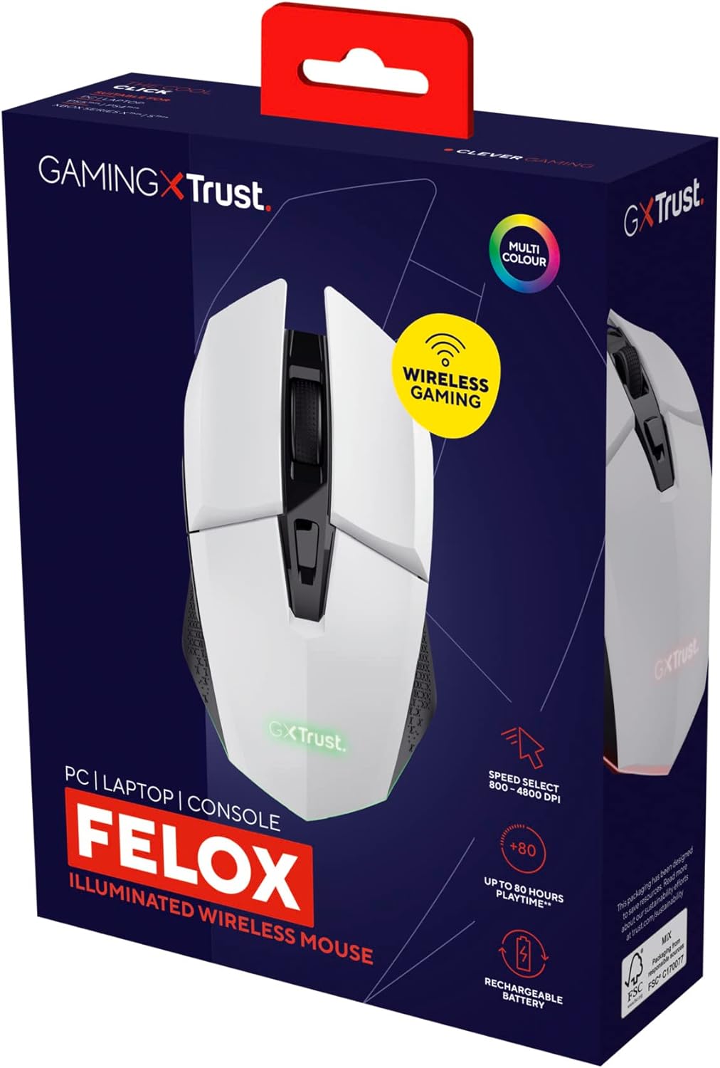 Trust Gaming GXT 110W Felox Rechargeable Wireless Gaming Mouse, 80h Playtime, 800-4800 DPI, Multicolour LED Lighting, 6 Buttons, RGB Computer Mouse for PC, Laptop, Windows
