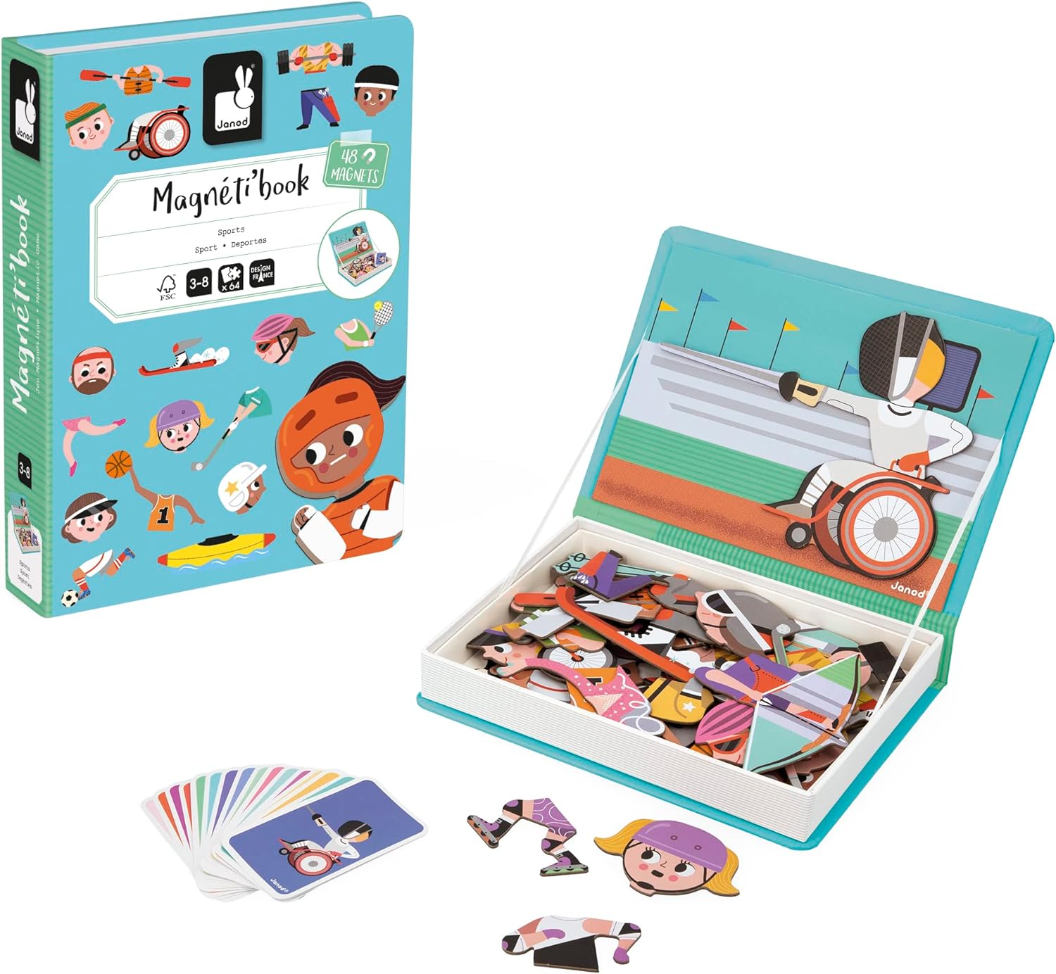 Janod - Magnéti'Book Sports - Magnetic Educational Game - 48 Magnets + 16 Model Cards - Children’s FSC Cardboard Toy - 3 Years +, J02596