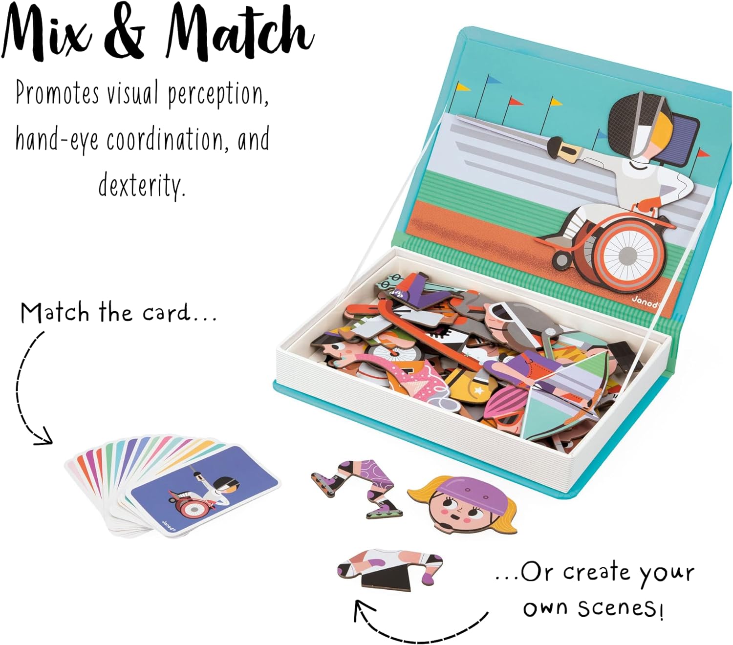 Janod - Magnéti'Book Sports - Magnetic Educational Game - 48 Magnets + 16 Model Cards - Children’s FSC Cardboard Toy - 3 Years +, J02596