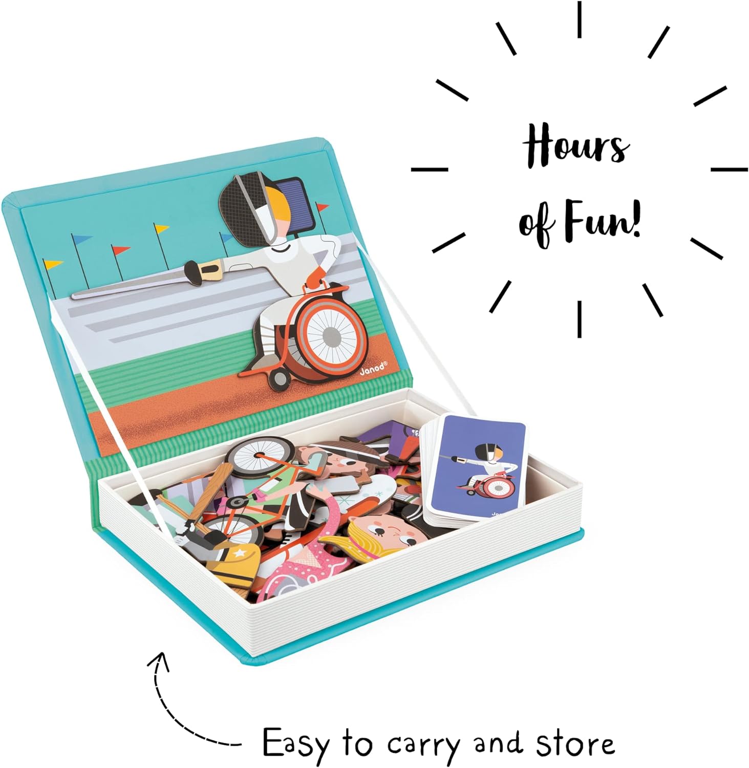 Janod - Magnéti'Book Sports - Magnetic Educational Game - 48 Magnets + 16 Model Cards - Children’s FSC Cardboard Toy - 3 Years +, J02596