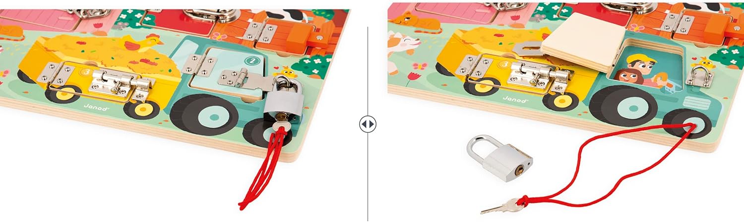 Janod Animal Farm Lock Activity Board-5 Types of Fasteners-FSC Wooden Toy-3 Years +, J07119, Multicolor, Petit