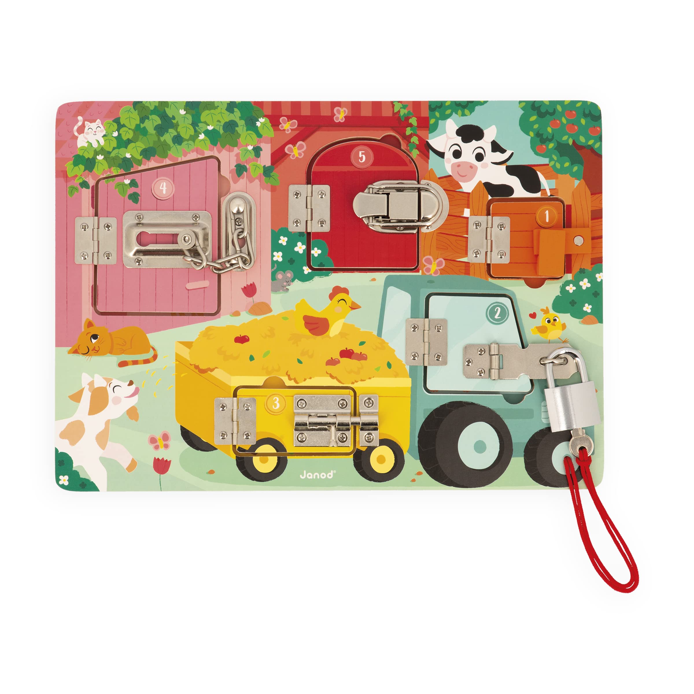 Janod Animal Farm Lock Activity Board-5 Types of Fasteners-FSC Wooden Toy-3 Years +, J07119, Multicolor, Petit
