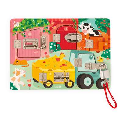 Janod Animal Farm Lock Activity Board-5 Types of Fasteners-FSC Wooden Toy-3 Years +, J07119, Multicolor, Petit