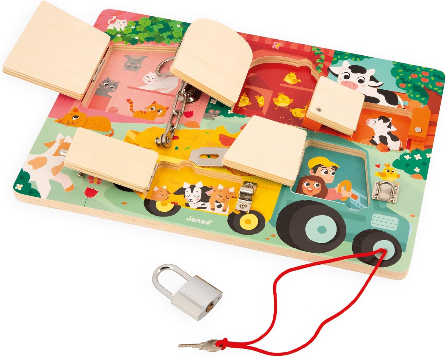 Janod Animal Farm Lock Activity Board-5 Types of Fasteners-FSC Wooden Toy-3 Years +, J07119, Multicolor, Petit