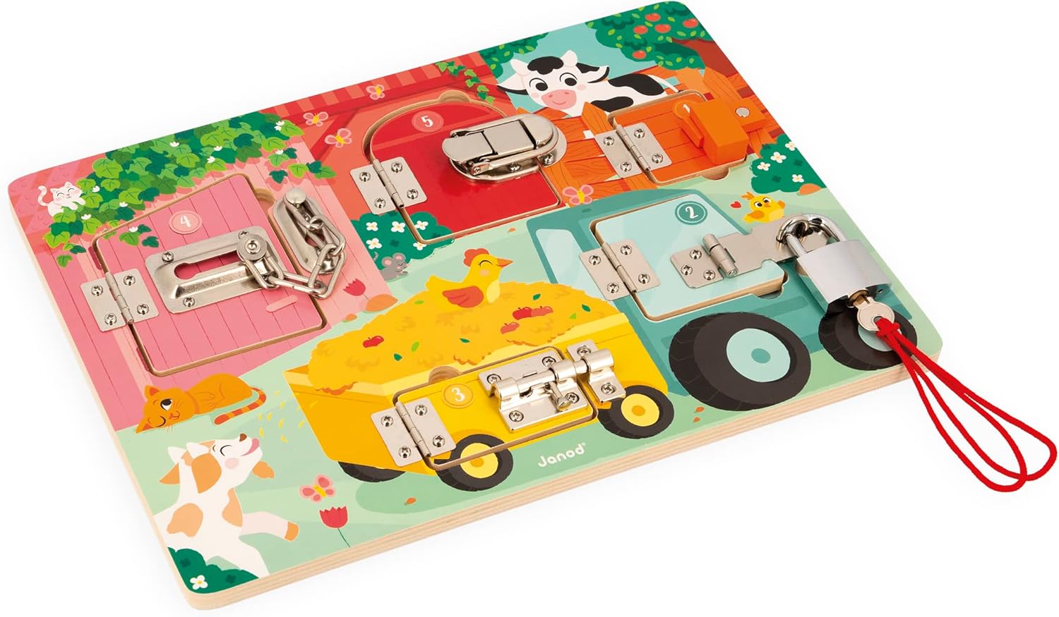 Janod Animal Farm Lock Activity Board-5 Types of Fasteners-FSC Wooden Toy-3 Years +, J07119, Multicolor, Petit