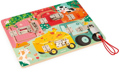 Janod Animal Farm Lock Activity Board-5 Types of Fasteners-FSC Wooden Toy-3 Years +, J07119, Multicolor, Petit