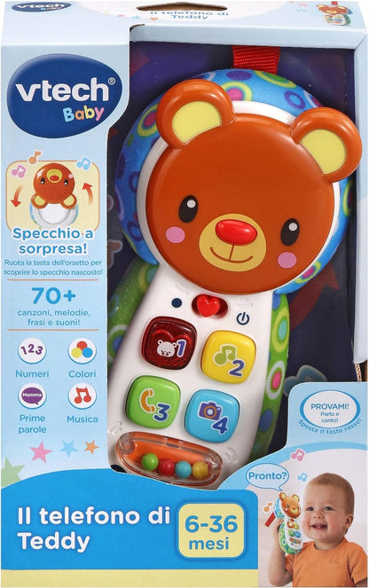 VTech Il Telefono di Teddy, Telefono per Bambini Interattivo, Impara i Colori e i Numeri, Cellulare con Clip, Gioco Neonato con 4 Canzoni e 15 Melodie, Lingua Italiana, Batterie Incluse, 6-36 Mesi