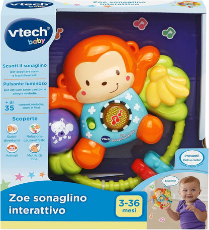 VTech Zoe Sonaglino Interattivo, Sonaglio Neonato con Attivazione a Pulsante Luminoso, Gioco Neonato con 15 Melodie e 35 Frasi, Spegnimento Automatico, Lingua Italiana, Batterie Incluse, 3-36 Mesi
