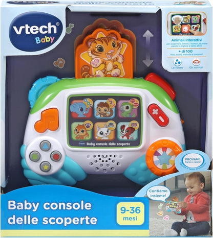 VTech Baby Console delle Scoperte, Joystick Interattivo per Neonati, Impara gli Animali e l'Alfabeto in Italiano e Inglese, Gioco Neonato con Pulsanti Realistici, Batterie Incluse, 9-36 Mesi