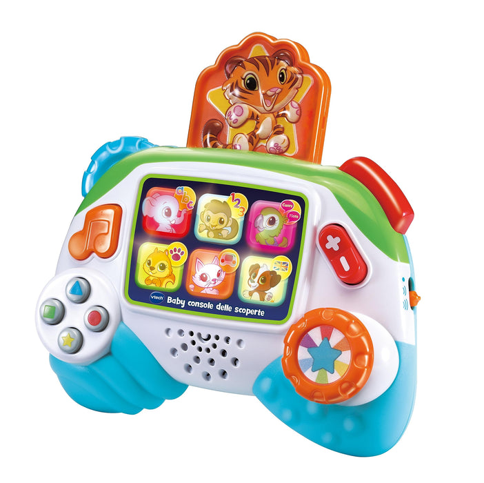 VTech Baby Console delle Scoperte, Joystick Interattivo per Neonati, Impara gli Animali e l'Alfabeto in Italiano e Inglese, Gioco Neonato con Pulsanti Realistici, Batterie Incluse, 9-36 Mesi
