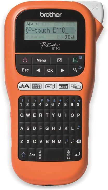 Brother PT-E110 Label Maker, P-Touch Electrician Label Printer, Handheld, QWERTY Keyboard, Up to 12mm Labels, Includes 12mm Black on White Tape Cassette