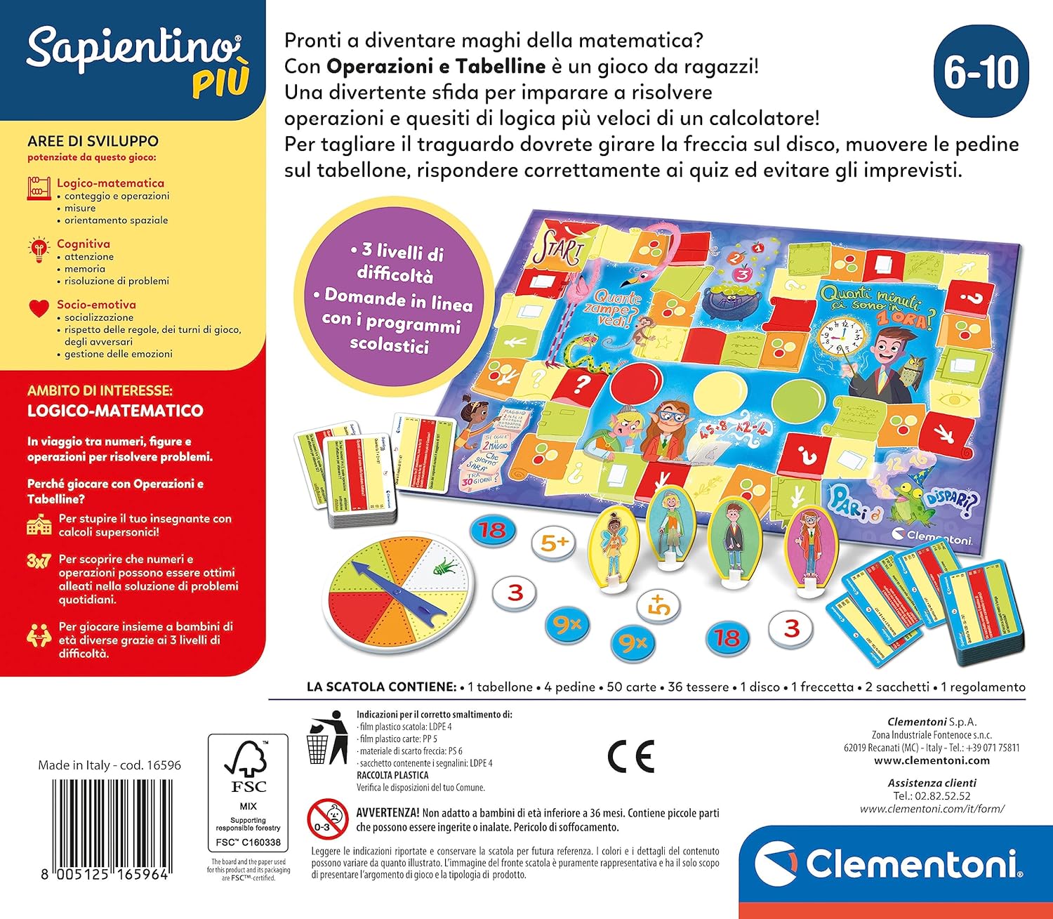 Clementoni - 16596 - Sapientino più - Aritmetica Divertente - Gioco Educativo per Bambini dai 6 Anni per Imparare I Numeri, Gioco da Tavolo sulle Operazioni E Tabelline, Made in Italy